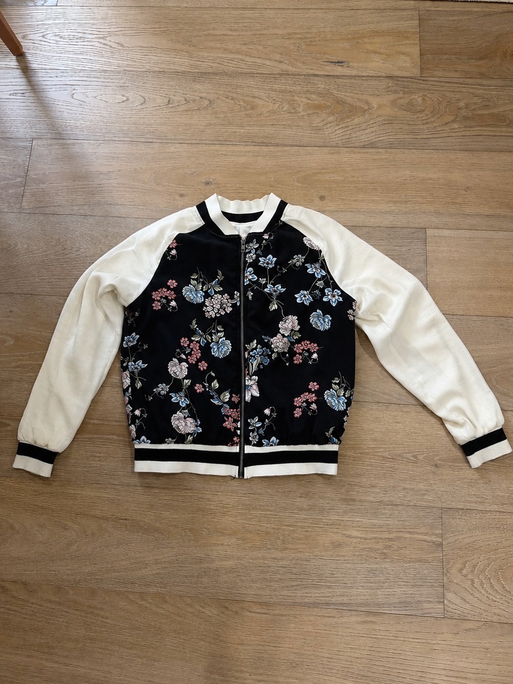 Lightweight Spring Floral Bomber Jacket With Ivory Sleeves & Striped Trim Medium